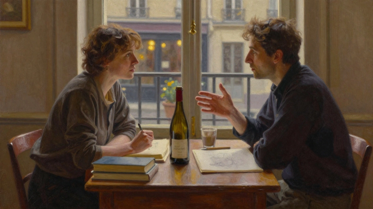 Two people share a quiet moment in a Paris apartment over wine and books, lamplight casting warm shadows.